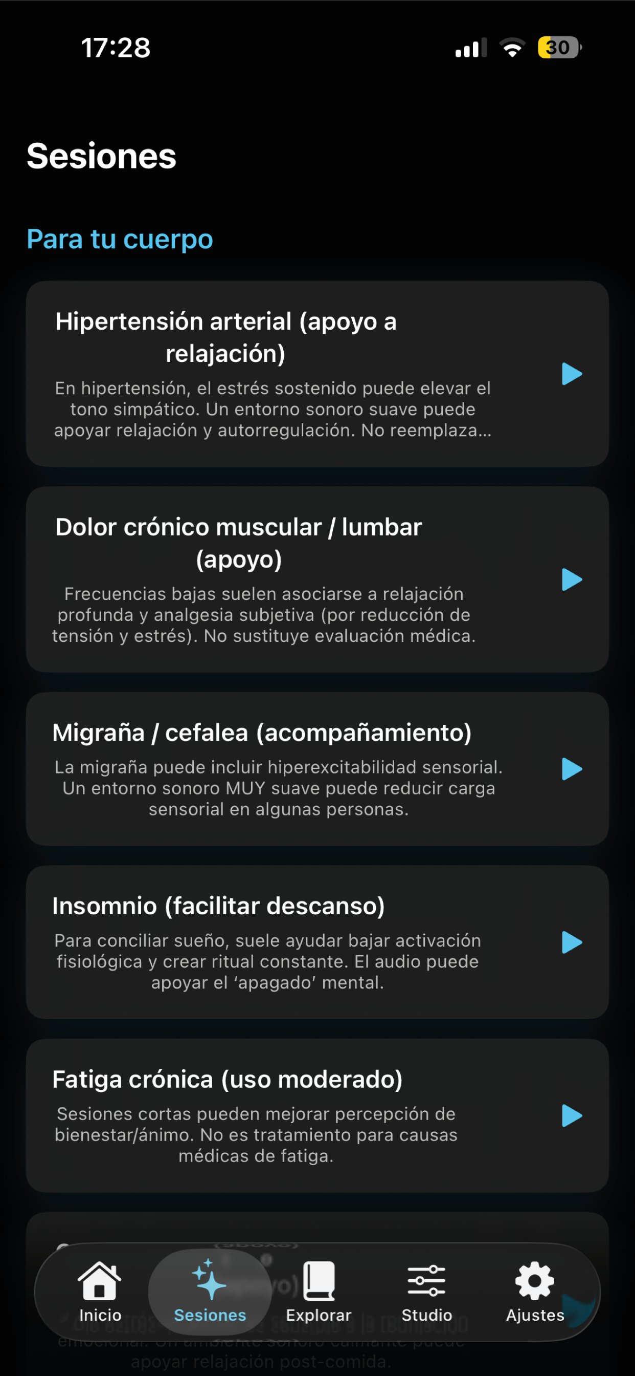 TRIADA app — Sessions screen
